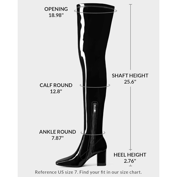 Women Black Over the Knee Square Toe Chunky Heel Patent Leather Long Boots - Picture 6 of 9